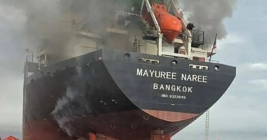 This handout photo taken on March 11, 2026 and released by the Royal Thai Navy shows smoke rising from the Thai bulk carrier 'Mayuree Naree' near the Strait of Hormuz after an attack. A Thai bulk carrier travelling in the crucial Strait of Hormuz was attacked March 11, with 20 crew members rescued so far, the Thai navy said. (Photo by Handout / ROYAL THAI NAVY / AFP) / -----EDITORS NOTE --- RESTRICTED TO EDITORIAL USE - MANDATORY CREDIT "AFP PHOTO / ROYAL THAI NAVY " - NO MARKETING - NO ADVERTISING CAMPAIGNS - DISTRIBUTED AS A SERVICE TO CLIENTS -