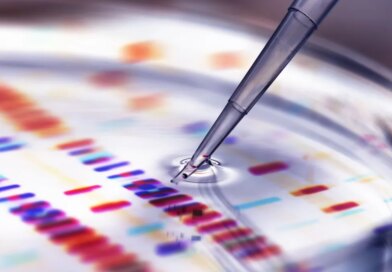Pipette adding sample to petri dish with DNA profiles in background