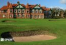 A view of a bunker in front of the 18th green at Royal Lytham & St Annes, with the clubhouse in the background