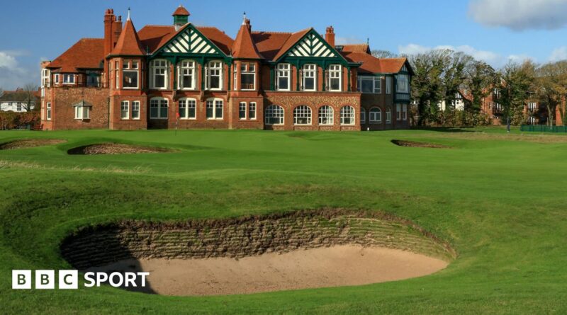A view of a bunker in front of the 18th green at Royal Lytham & St Annes, with the clubhouse in the background