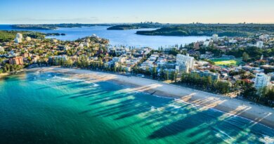 Aerial view of Sydney cityscape with ocean in foreground