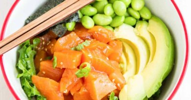 Salmon poke, avocado and edamame in a bowl.