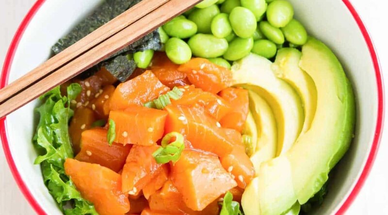 Salmon poke, avocado and edamame in a bowl.