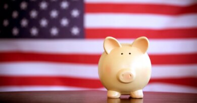 piggy bank in front of american flag. government spending in tech
