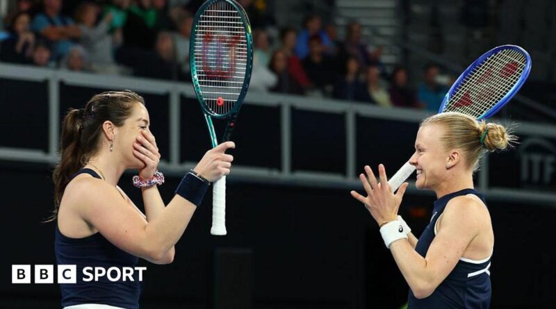 Jodie Burrage (left) and Harriet Dart (right) celebrate their win over Australia