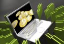 Laptop with bitcoins and files, illustration.