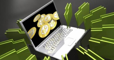 Laptop with bitcoins and files, illustration.