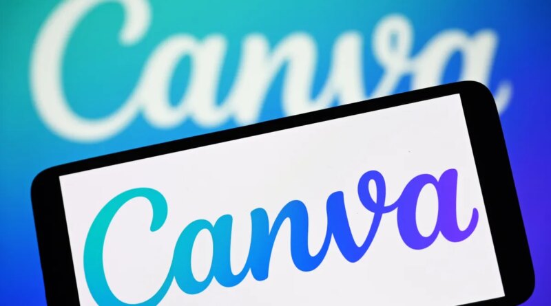 In this photo illustration, the Canva logo is seen on a smartphone and in the background.