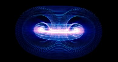 Illustration of plasma particles inside a tokamak fusion reactor.