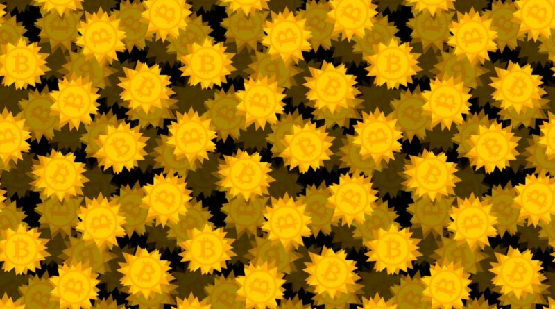 gold bitcoin logos featured on spiky-shaped coins on a darkened black background