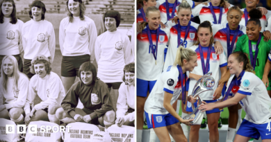 A split picture of the Lionesses posing for their first official photo in 1972, and the Lionesses lifting the Euro 2025 trophy - 53 years between the two events