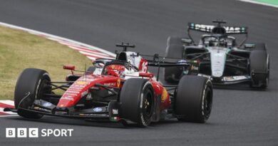 Ferrari's Charles Leclerc goes around a right-hand corner during the Japanese Grand Prix with Mercedes' George Russell right behind him