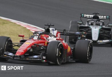 Ferrari's Charles Leclerc goes around a right-hand corner during the Japanese Grand Prix with Mercedes' George Russell right behind him
