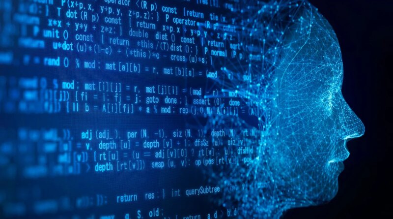 AI robot face and programming code on a black background.