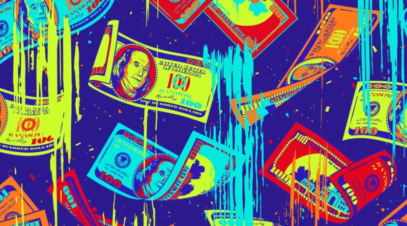 illustration of hundred dollar bills, pop art style
