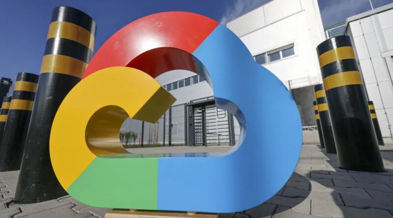 A Google Cloud logo outside the Google Cloud data center ahead of its ceremonial opening in Hanau, Germany, on Friday, Oct. 6, 2023. Microsoft Corp., Alphabet Inc.'s Google and ChatGPT maker OpenAI use cloud computing that relies on thousands of chips inside servers in massive data centers across the globe to train AI algorithms called models, analyzing data to help them learn to perform tasks. Photographer: Alex Kraus/Bloomberg via Getty Images