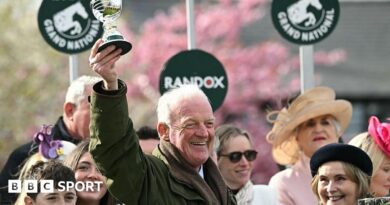 Willie Mullins smiling and holding a trophy in the air