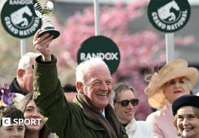 Willie Mullins smiling and holding a trophy in the air