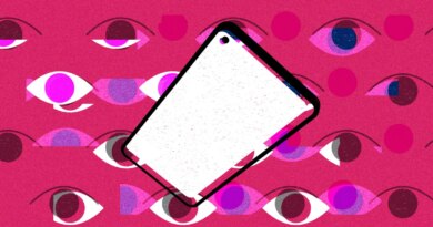 spyware illustrated; blank smartphone screen over a pink background of multiple eyes