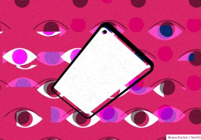 spyware illustrated; blank smartphone screen over a pink background of multiple eyes