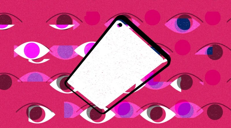 spyware illustrated; blank smartphone screen over a pink background of multiple eyes