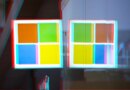 A moshed/glitchy version of a Windows logo on a Microsoft Store front.