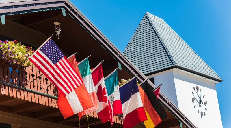 Clock Tower and Chalet Building with Flags in Vail, Colorado