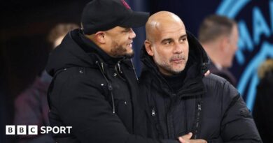 Burnley manager Vincent Kompany and Manchester City manager Pep Guardiola during the Premier League match between Manchester City and Burnley FC at Etihad Stadium on January 31, 2024