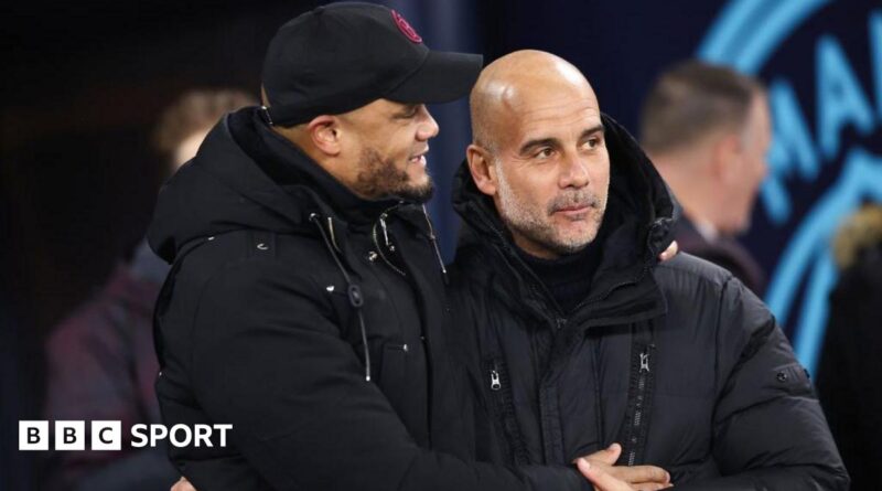 Burnley manager Vincent Kompany and Manchester City manager Pep Guardiola during the Premier League match between Manchester City and Burnley FC at Etihad Stadium on January 31, 2024