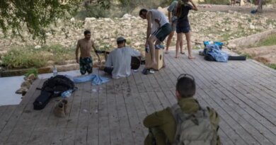 TOPSHOT - Israeli settlers gather at the Israeli-occupied West Bank village of Ras Ein al-Auja on April on April 9, 2026.
