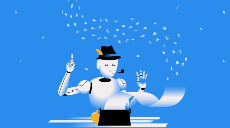 render of a robot typing on a typewriter.