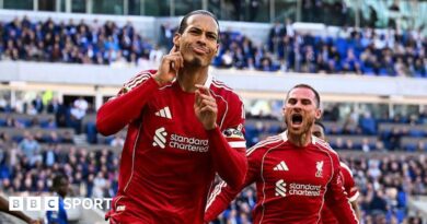 Van Dijk celebrates scoring against Everton