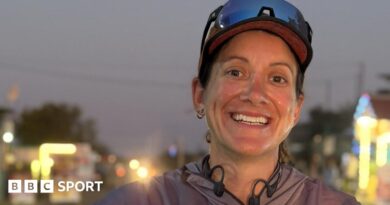 Hannah Cox running in India, the soles of her trainers, Hannah with Richard Branson, Hannah asleep in the van and a picture of Hannah's dad