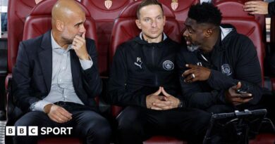 Coach of Manchester City Pep Guardiola, assistant-coaches Pepijn Lijnders and Kolo Toure during the UEFA Champions League 2025/26 League Phase MD2 football match between AS Monaco