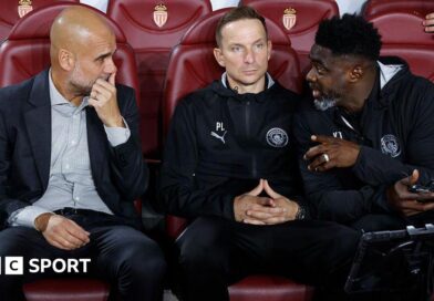 Coach of Manchester City Pep Guardiola, assistant-coaches Pepijn Lijnders and Kolo Toure during the UEFA Champions League 2025/26 League Phase MD2 football match between AS Monaco