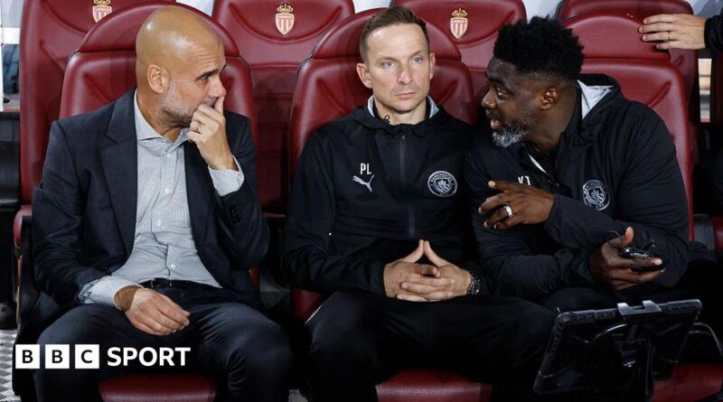 Coach of Manchester City Pep Guardiola, assistant-coaches Pepijn Lijnders and Kolo Toure during the UEFA Champions League 2025/26 League Phase MD2 football match between AS Monaco