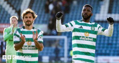 Celtic players Marcelo Saracchi and Kelechi Iheanacho celebrate