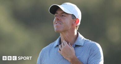 Rory McIlroy reacts during the 2026 Masters