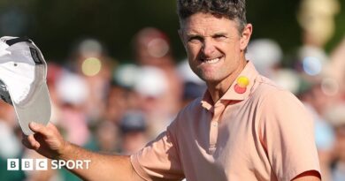 Justin Rose acknowledges the fans after finishing runner-up to Rory McIlroy at the 2025 Masters