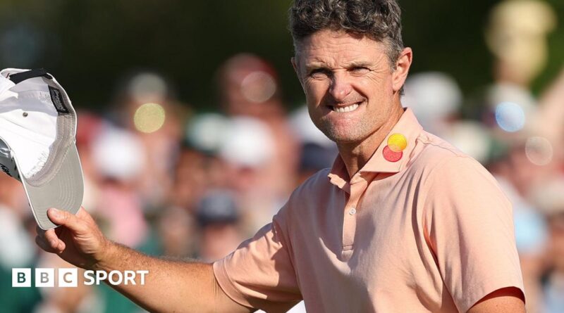 Justin Rose acknowledges the fans after finishing runner-up to Rory McIlroy at the 2025 Masters