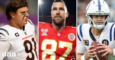 A split picture of Trey Hendrickson, Travis Kelce and Daniel Jones