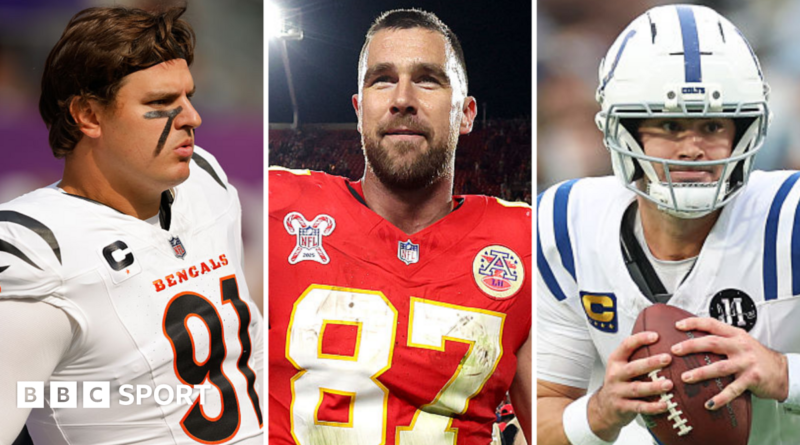 A split picture of Trey Hendrickson, Travis Kelce and Daniel Jones