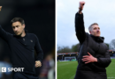 A composition image of York City manager Stuart Maynard and Rochdale manager Jimmy McNulty raising their arms in loft in celebrations after wins for their respective clubs in the National League 2025-26 title race