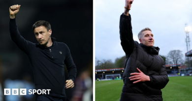 A composition image of York City manager Stuart Maynard and Rochdale manager Jimmy McNulty raising their arms in loft in celebrations after wins for their respective clubs in the National League 2025-26 title race