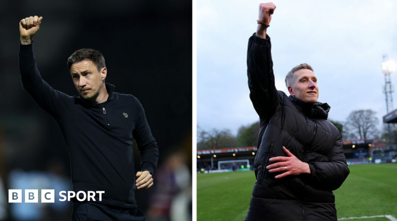 A composition image of York City manager Stuart Maynard and Rochdale manager Jimmy McNulty raising their arms in loft in celebrations after wins for their respective clubs in the National League 2025-26 title race