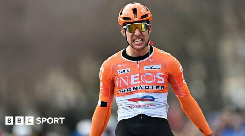 Axel Lawrence celebrates winning stage three of the Tour de la Provence
