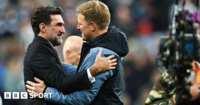 Yasir Al-Rumayyan greets Eddie Howe after Newcastle United's game against Leicester City at St James' Park on 22 May, 2023