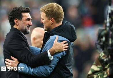 Yasir Al-Rumayyan greets Eddie Howe after Newcastle United's game against Leicester City at St James' Park on 22 May, 2023