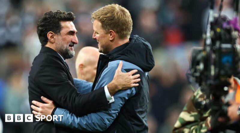 Yasir Al-Rumayyan greets Eddie Howe after Newcastle United's game against Leicester City at St James' Park on 22 May, 2023