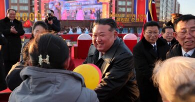 North Korean leader Kim Jong Un congratulating residents moving into their new homes at the inauguration ceremony of 10,000 flats at fourth stage in Hwasong area of Pyongyang.